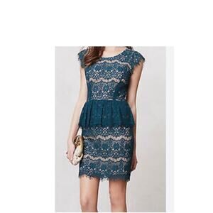 Maeve Anthropologie Teal Lace Sheath Tiered Elsa Peplum Dress Medium